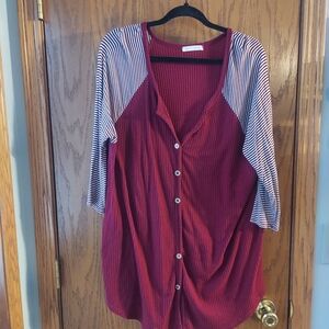 Reborn J Burgundy Button-Down with Striped Sleeves Plus 3x